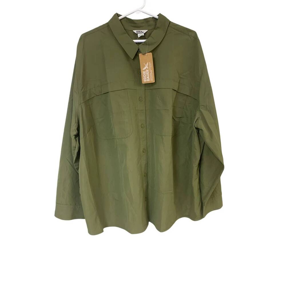 NEW EDDIE BAUER women's rainier ripstop buttoned shirt - plus in alder green